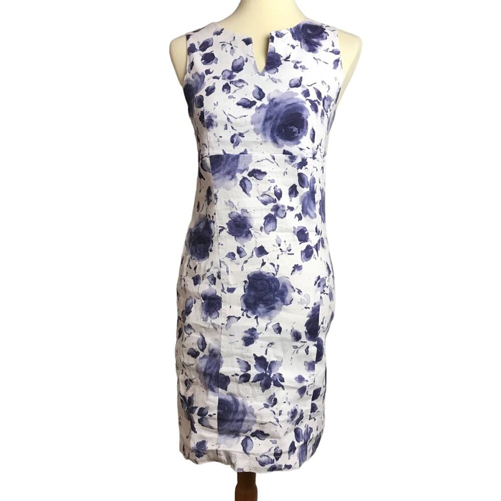 120% Lino White Blue Floral Watercolor Print  Shift Wiggle Sleeveless Dress 44